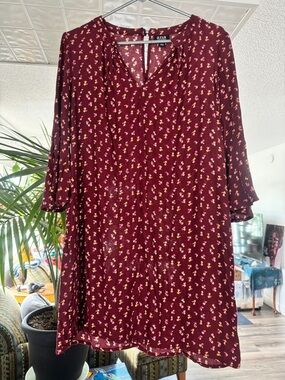 a.n.a Boho Floral Bell Sleeve Mini Dress - Burgundy Cottagecore Tunic